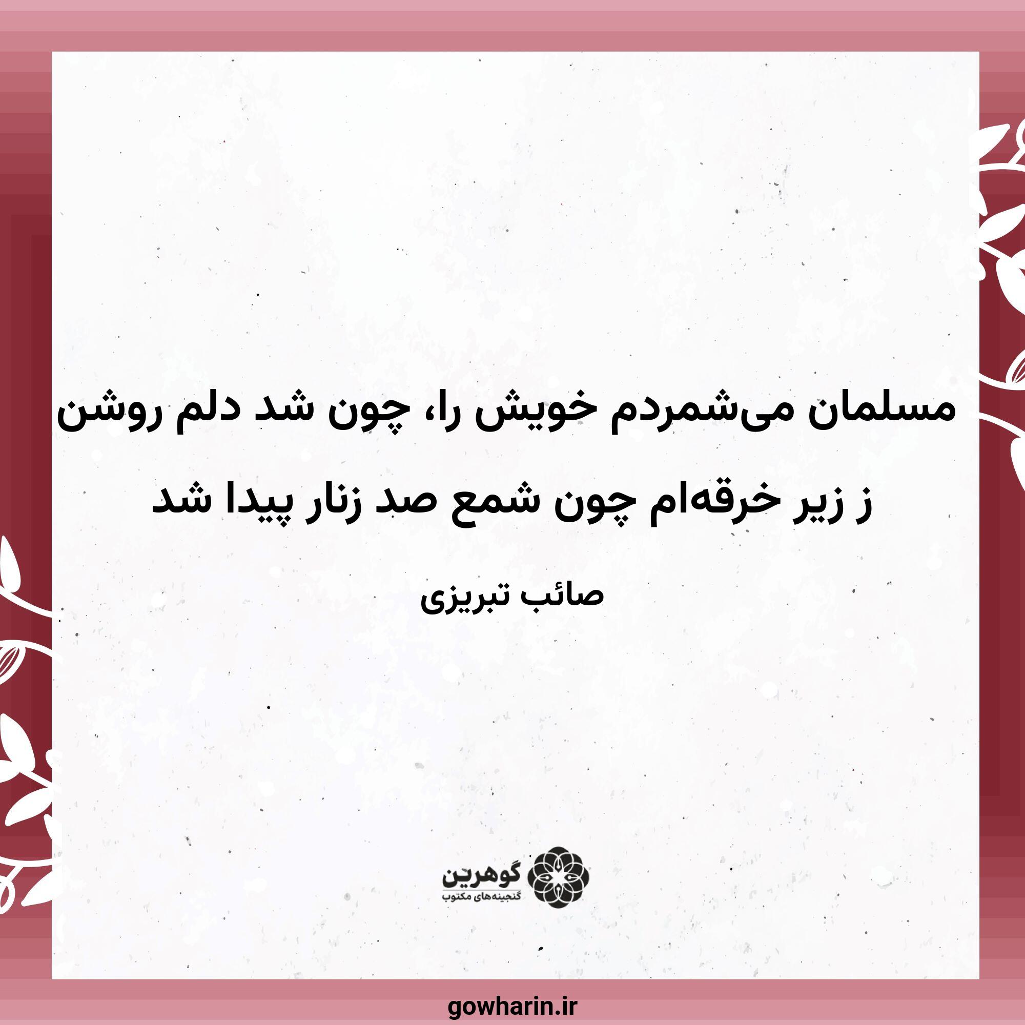 مسلمان می‌شمردم خویش را، چون شد دلم روشن
ز زیر خرقه‌ام چون شمع صد زنار پیدا شد