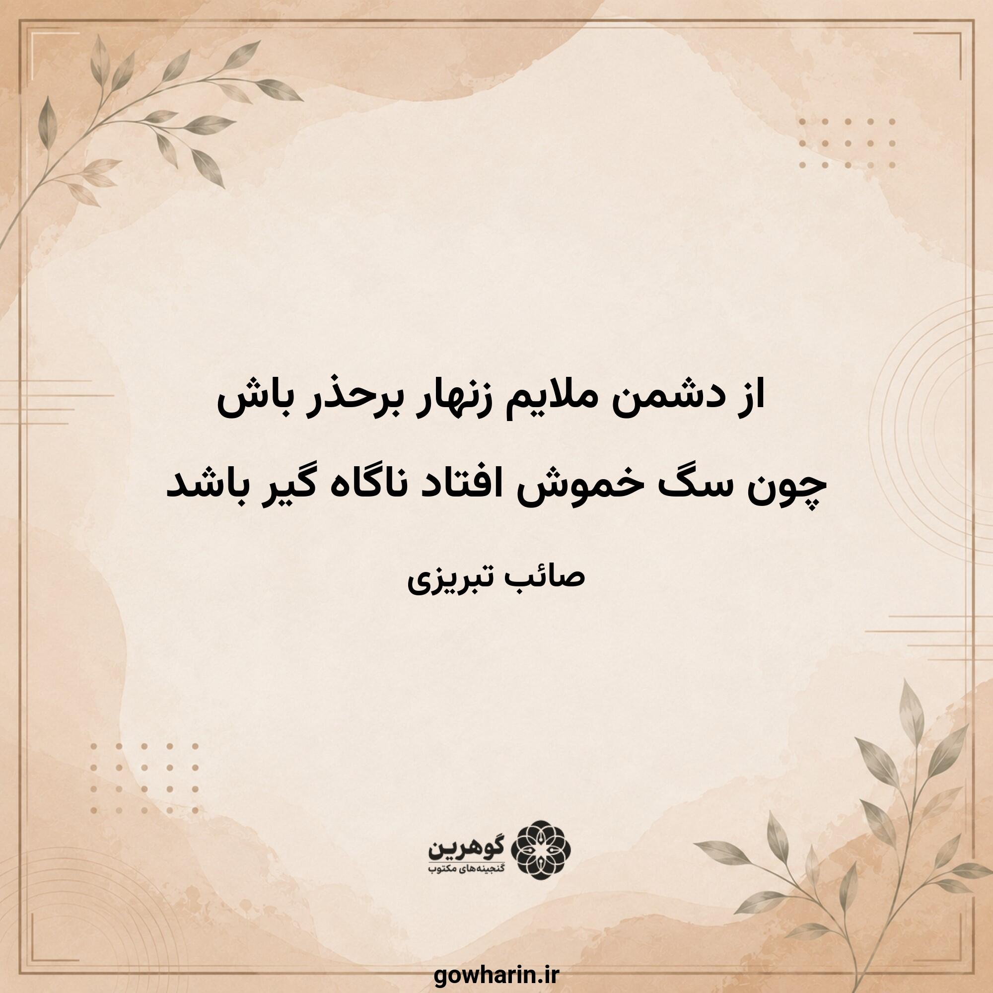 از دشمن ملایم زنهار برحذر باش
چون سگ خموش افتاد ناگاه گیر باشد